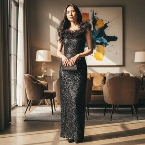 Vintage Attitudes By Debra Black Sequin Gown W/ Tulle Ruffle Neckline